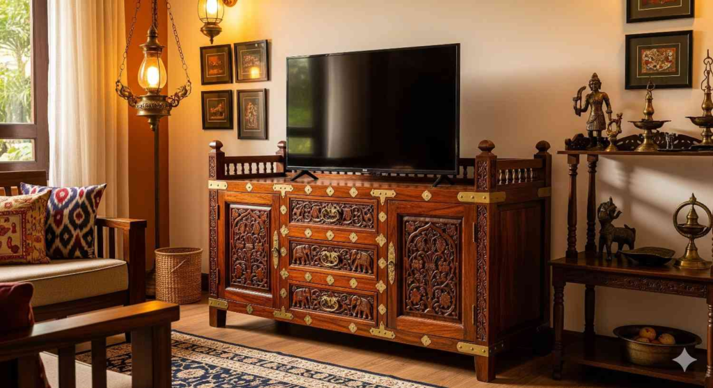 Traditional carved wooden TV unit with brass accents in heritage Bengaluru home