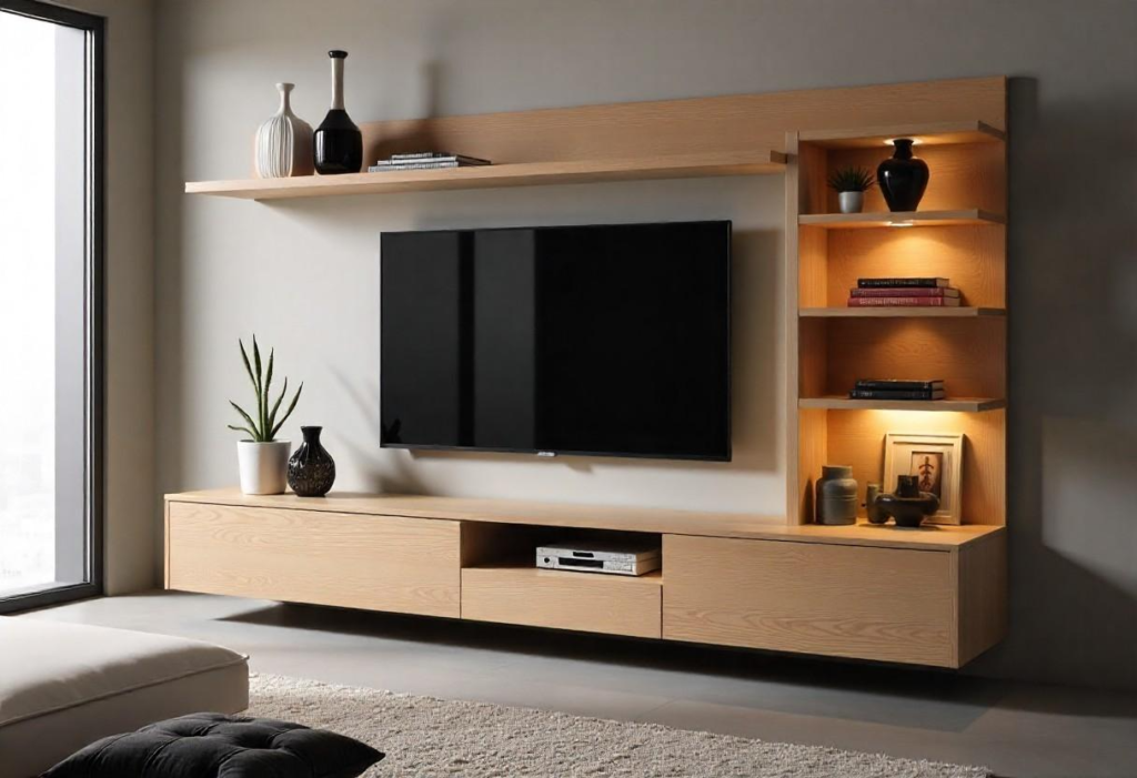 Contemporary wooden wall-mounted TV unit with LED backlighting in Bengaluru home
