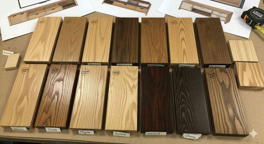 Wood finish samples for custom TV unit designs showing various stains and textures