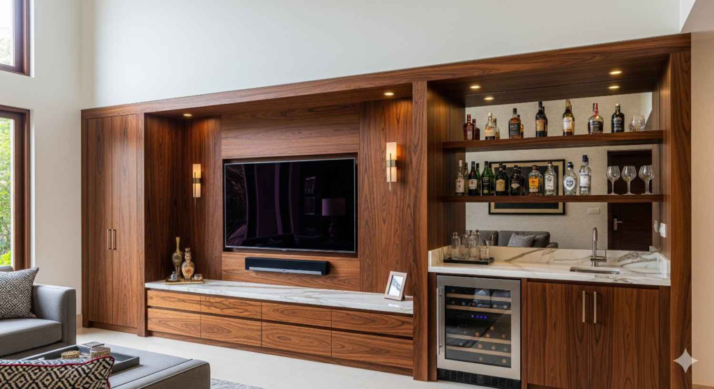 Luxury solid wood TV wall unit with integrated bar in Bengaluru villa project