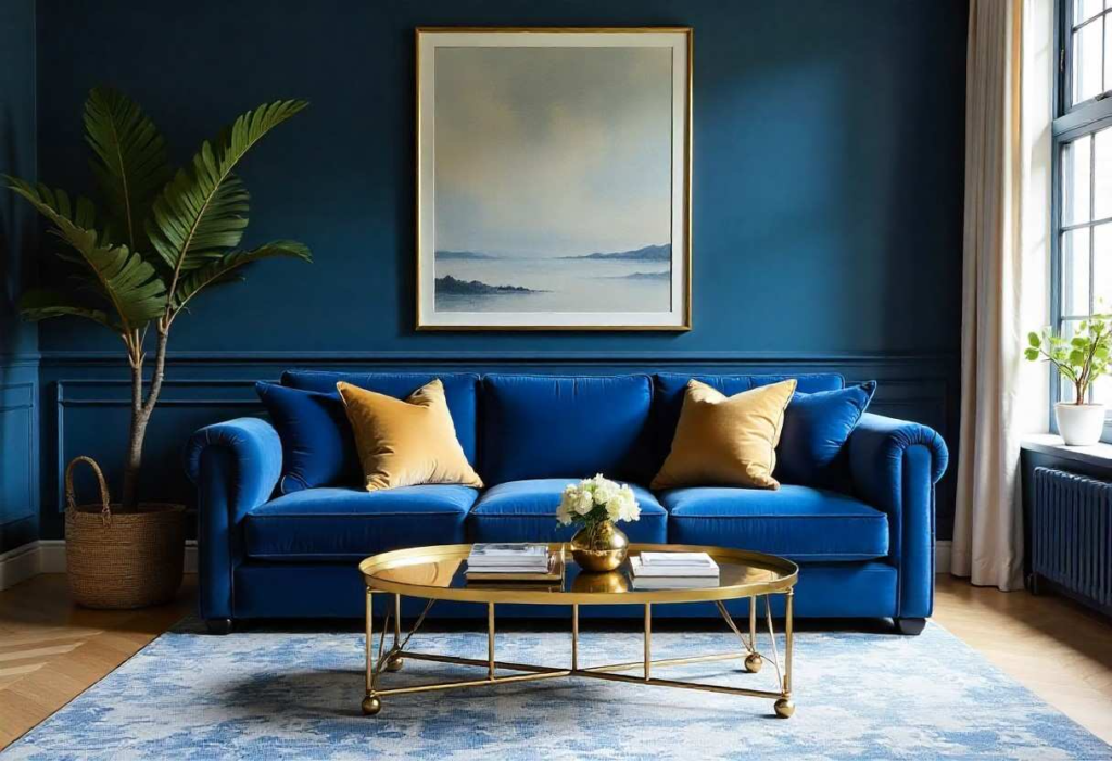 Navratri Day 1 royal blue luxury living room décor by Elegante Interiors Bangalore