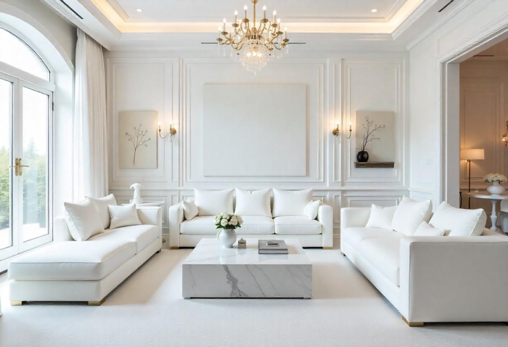 Navratri Day 6 white purity themed luxury interior with marble accents