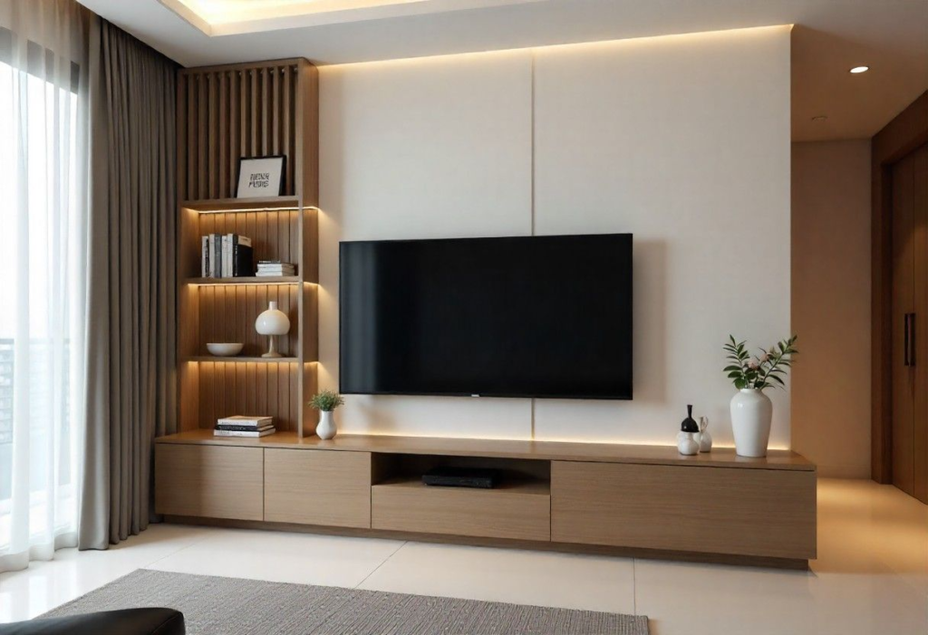 Minimalist modern TV unit with hidden storage in Bengaluru home