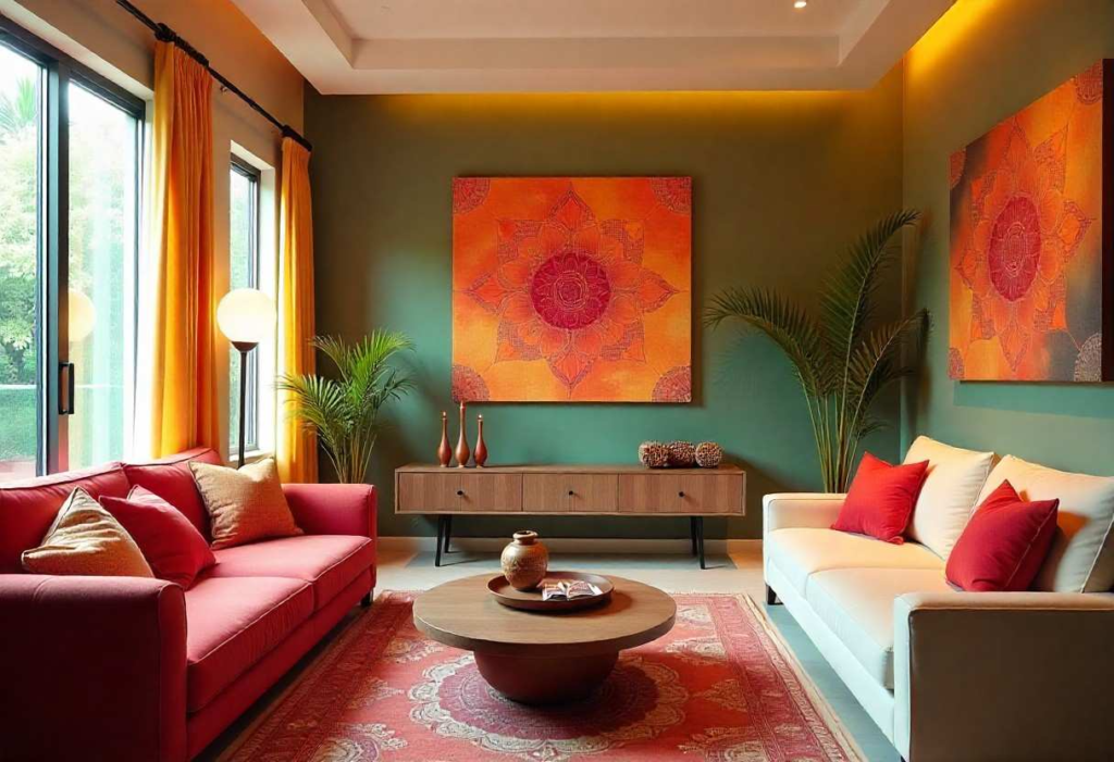 Contemporary Bangalore apartment showcasing traditional Navratri colors in modern interior design