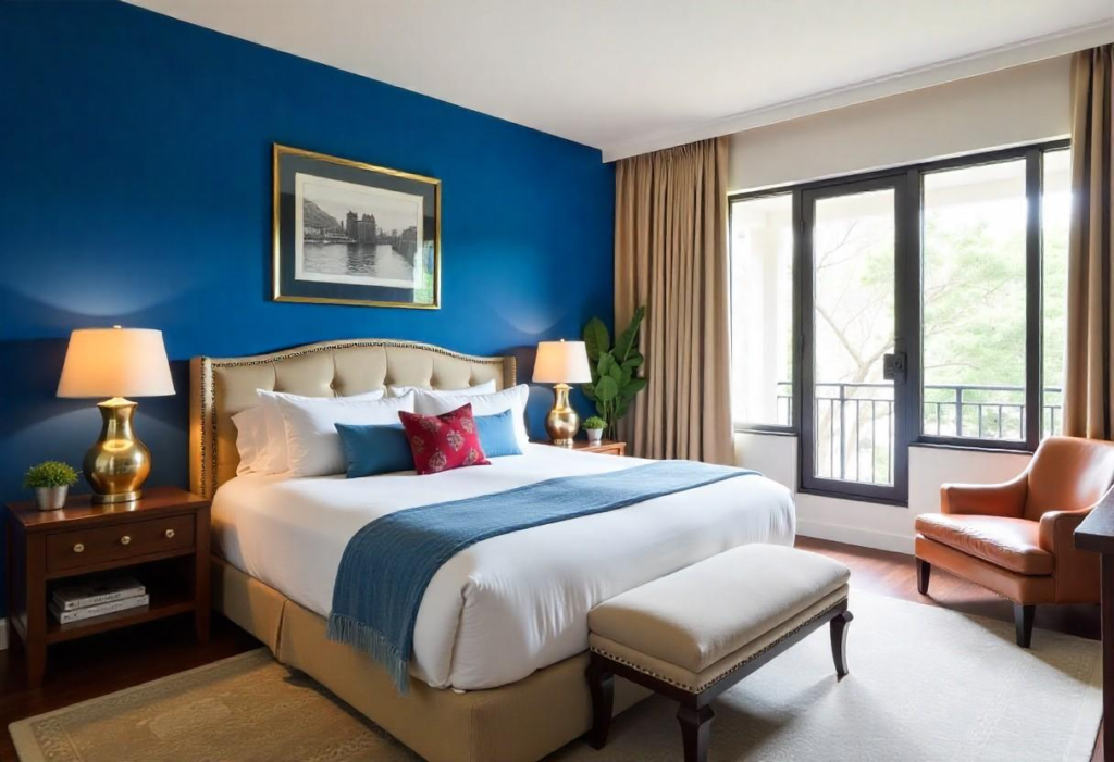 Royal blue accent wall in Bangalore luxury bedroom design with traditional brass elements