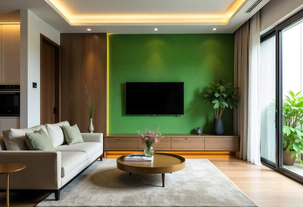 Modern Bangalore living room featuring green living wall design for prosperity and natural harmony