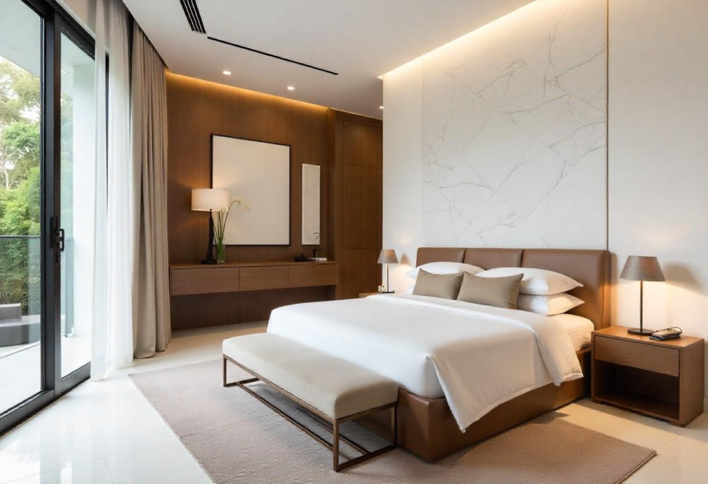 Elegant white marble bedroom design in Bangalore showcasing purity and peaceful interior aesthetics