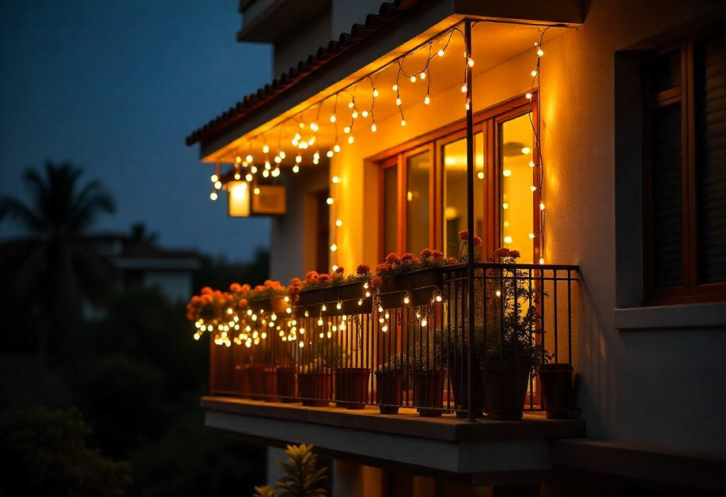 Yellow fairy lights DIY décor for Navratri celebration in Bangalore home