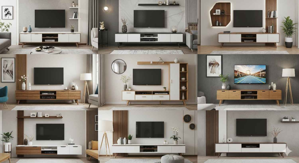 Various materials and finishes available for custom TV units - wood, laminate, glass options