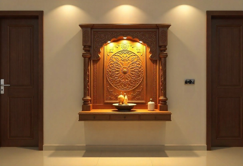 Wall-mounted pooja unit with warm LED lighting and CNC jaali doors in Bangalore home