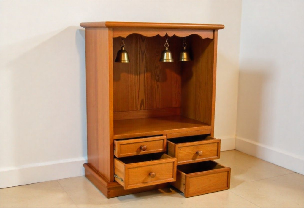Space-saving wooden pooja cabinet with organized storage for compact Bangalore apartment