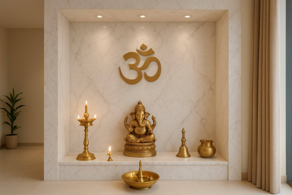 Elegant marble pooja corner with traditional brass elements in modern Bangalore apartment