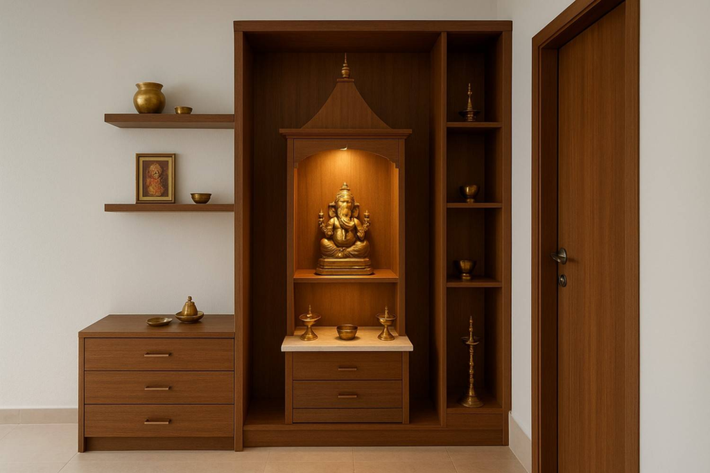 Organized small pooja room design showing proper storage solutions in Bangalore home