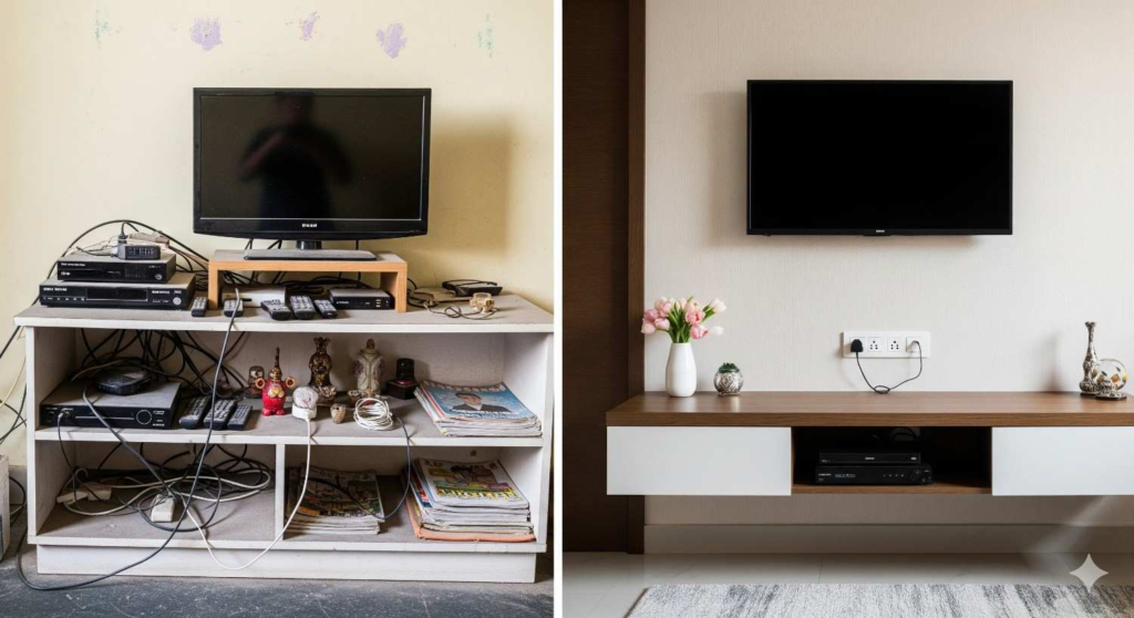 Budget to premium TV unit transformation showing different price ranges and features