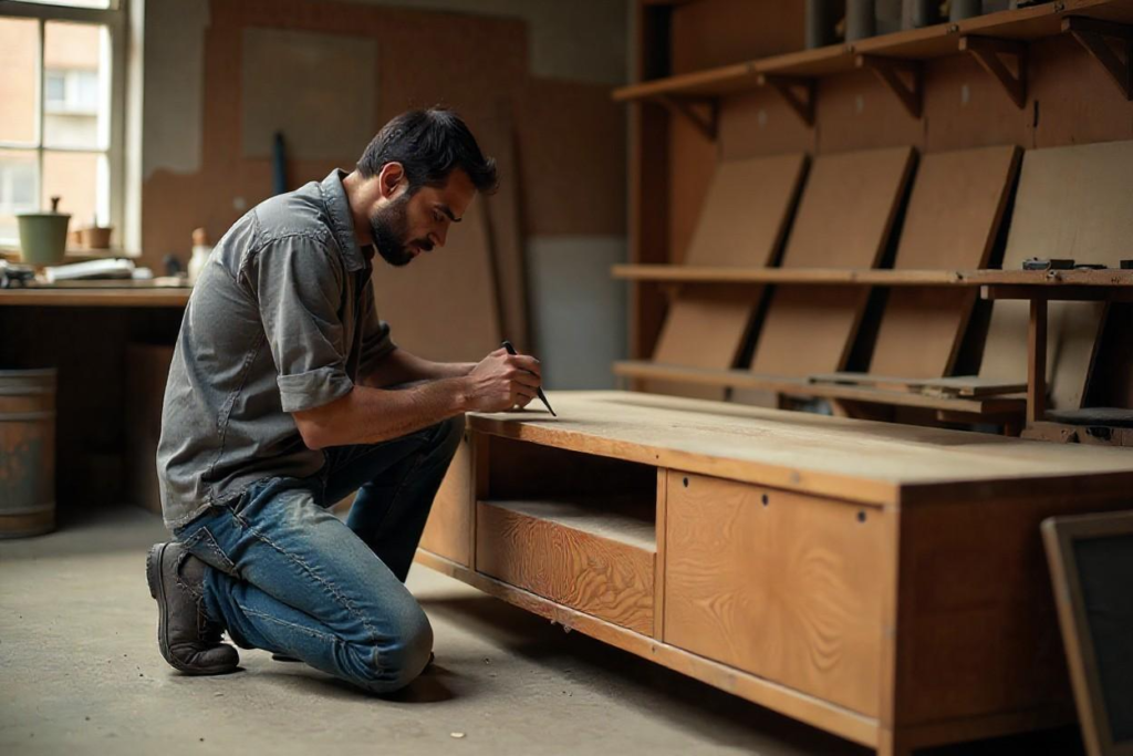Expert craftsmen at Elegante Interiors creating custom TV units in Bengaluru