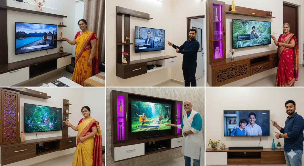 Satisfied customers of Elegante Interiors with their custom TV unit installations