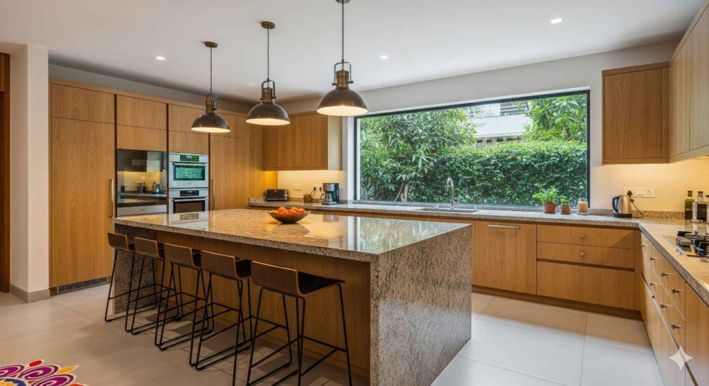 Luxury modular kitchen designs Bangalore featuring island counter with pendant lighting