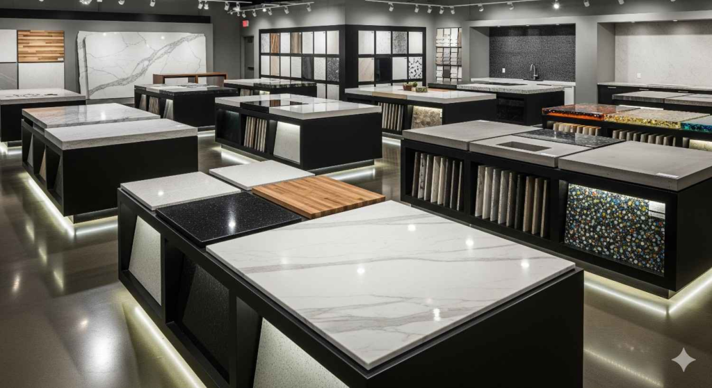 Modular kitchen countertop materials display in Bangalore showroom