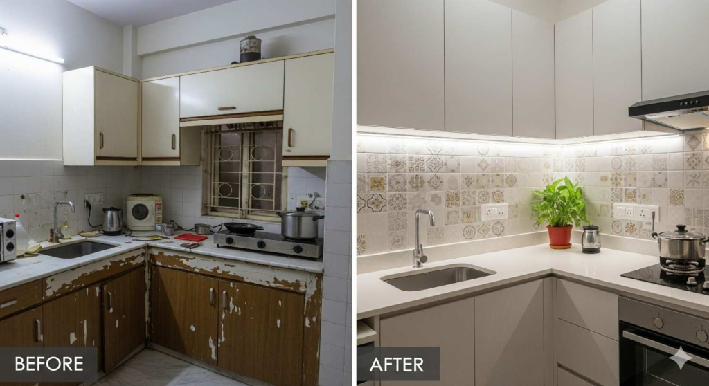 Affordable modular kitchen Bangalore transformation showing before and after renovation