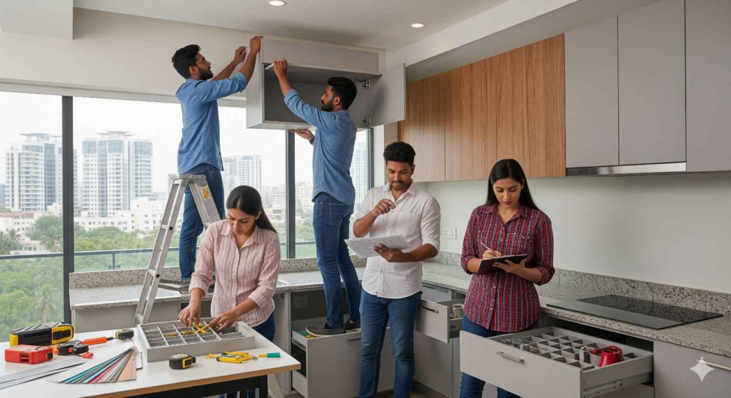 Professional modular kitchen installation team from Elegante Interiors in Bangalore