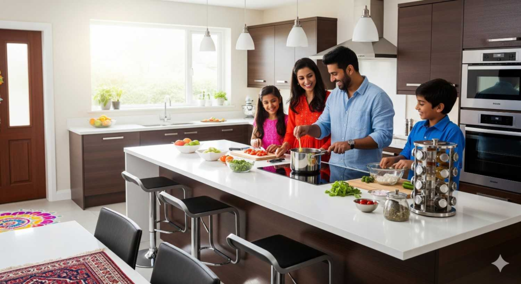 Happy family enjoying their new modular kitchen designed by Elegante Interiors Bangalore