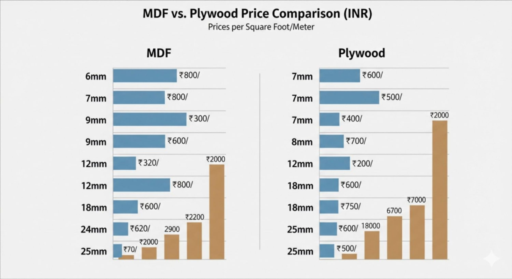 MDF vs Plywood price comparison chart for Indian market furniture costs