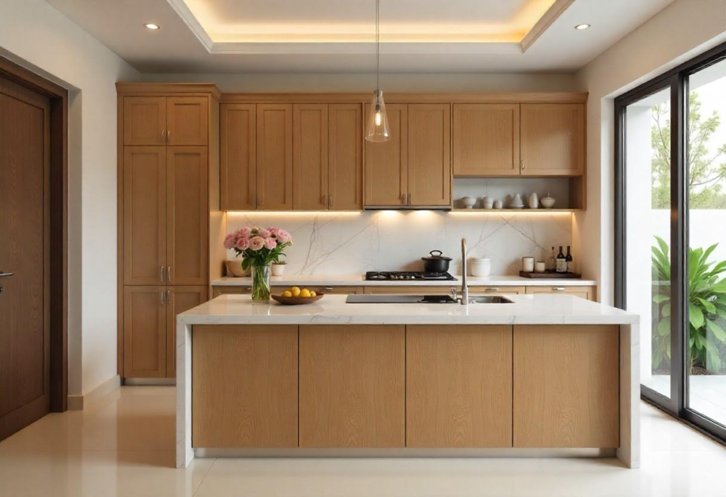 Modern modular kitchen in Bangalore showing MDF vs Plywood usage in cabinets