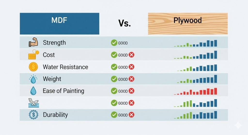 MDF vs Plywood comparison table infographic for furniture selection guide