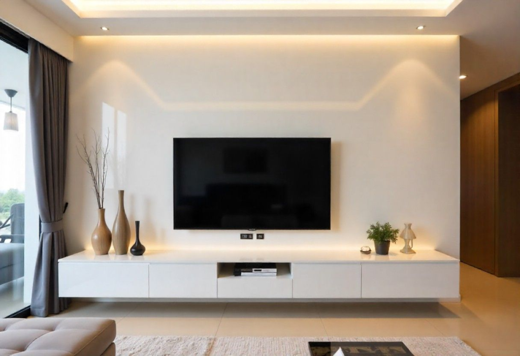 Floating TV cabinet with storage and LED lighting - modern Bangalore interior design