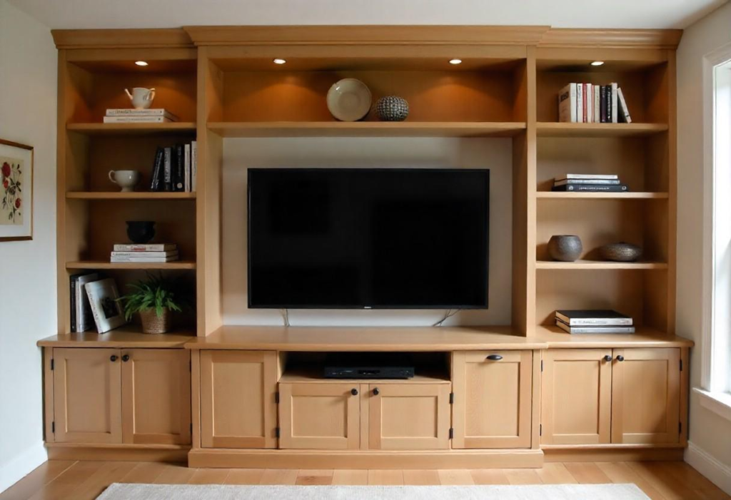 Built-in wall-mounted TV unit with shelving system for Bangalore homes