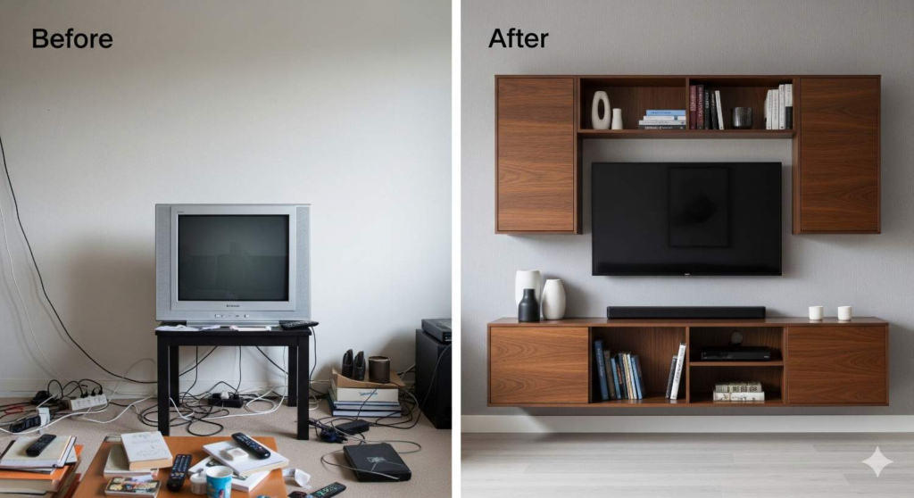 Space-saving transformation with wall-mounted TV unit in small Bangalore apartment