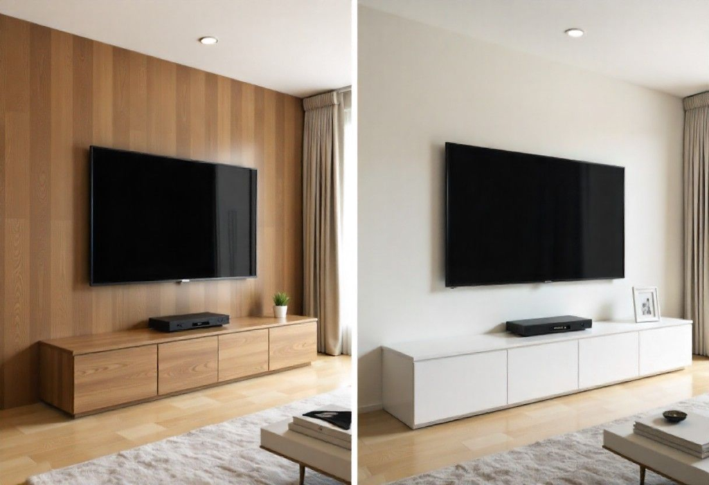 Material comparison - wooden vs high-gloss wall-mounted TV units for Bangalore homes