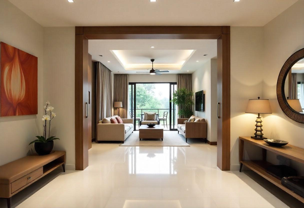 Luxury living room entrance design in Bangalore showing elegant foyer and seating area