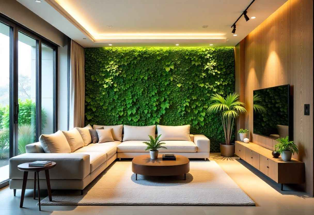 Biophilic living room design in Bangalore with indoor plants and natural elements