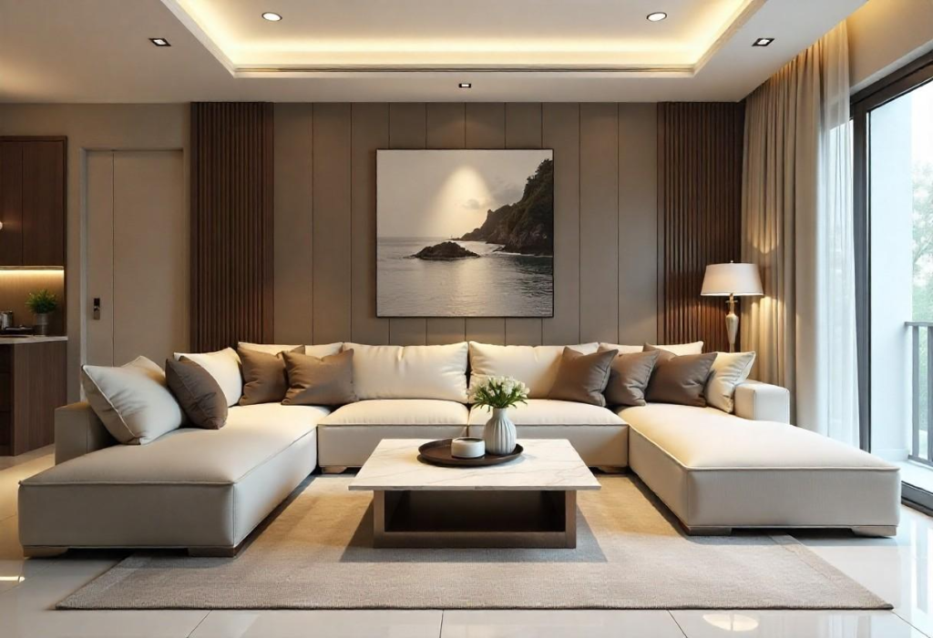 Premium living room furniture styling in Bangalore with leather sectional and marble coffee table