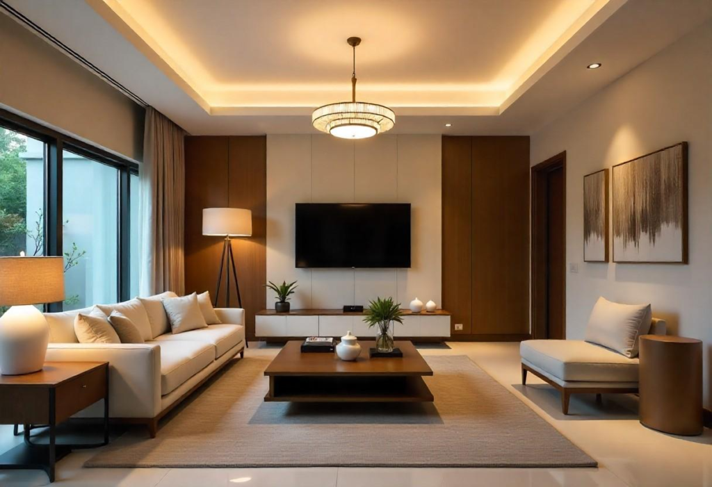 Modern living room lighting design in Bangalore with multiple light sources and smart controls