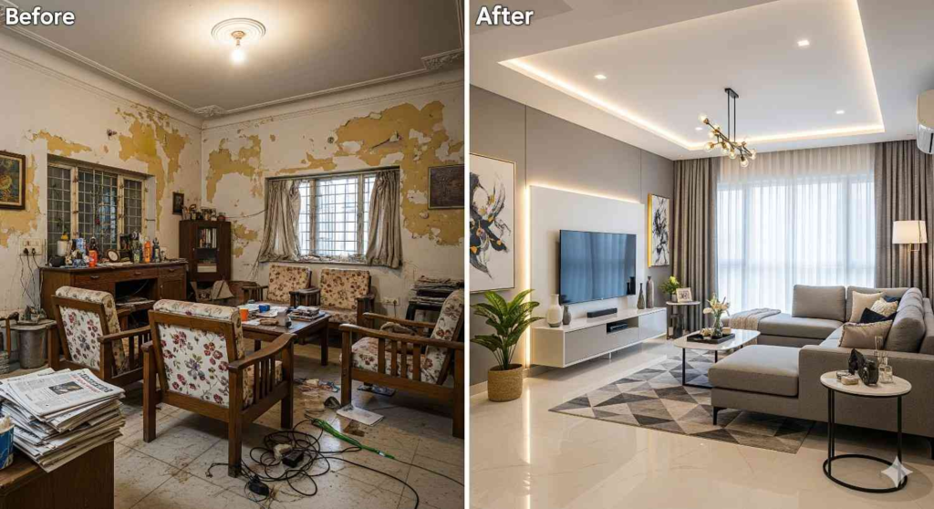 Living room transformation by Elegante Interiors in Bangalore showing before and after design