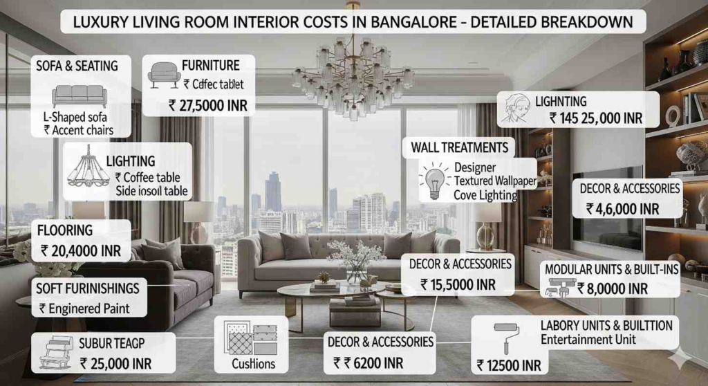 Luxury living room interior design cost breakdown for Bangalore homes