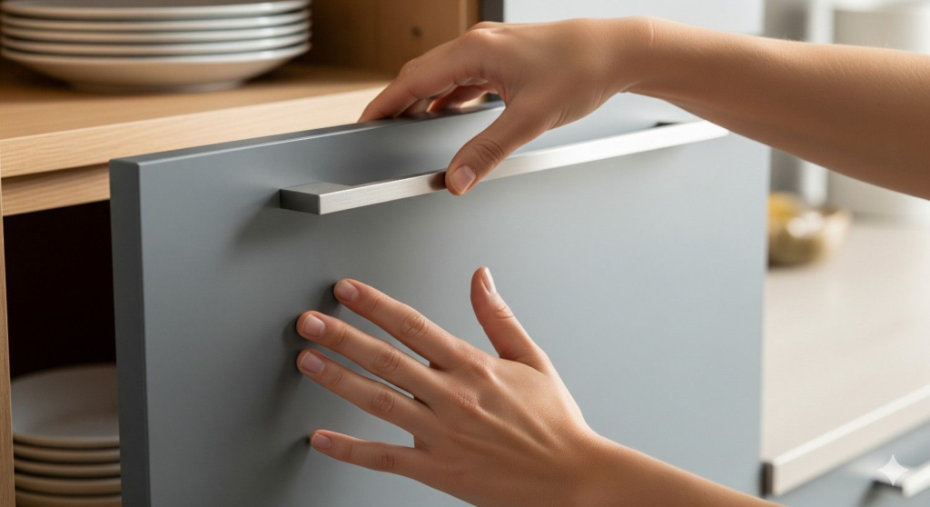 Ergonomic kitchen cabinet handle being used in modern Bangalore modular kitchen