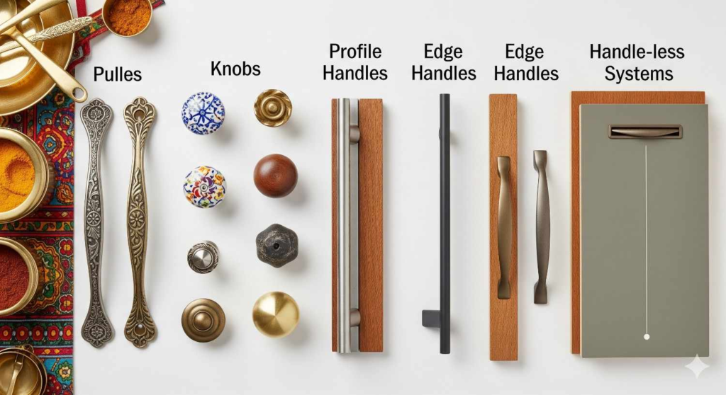 Five main categories of modular kitchen handles displayed for Indian kitchen designs