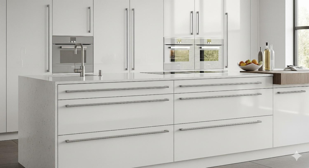 Modern stainless steel bar handles on white modular kitchen cabinets in Bangalore home