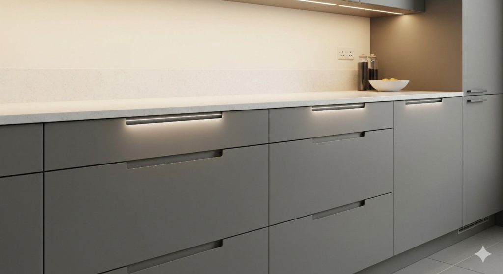 Sleek edge profile handles integrated into modular kitchen cabinet design