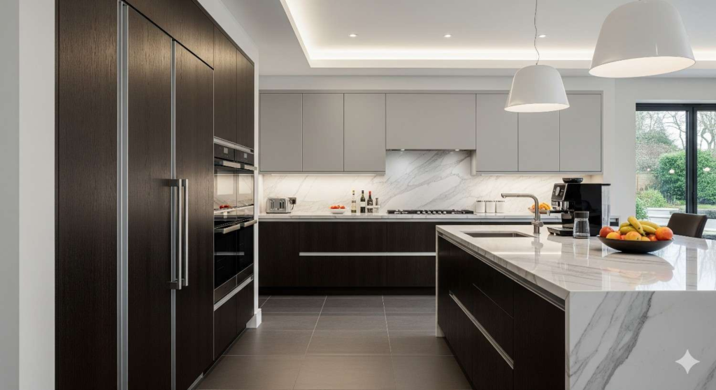 Premium gola profile handles creating seamless design in luxury Bangalore modular kitchen
