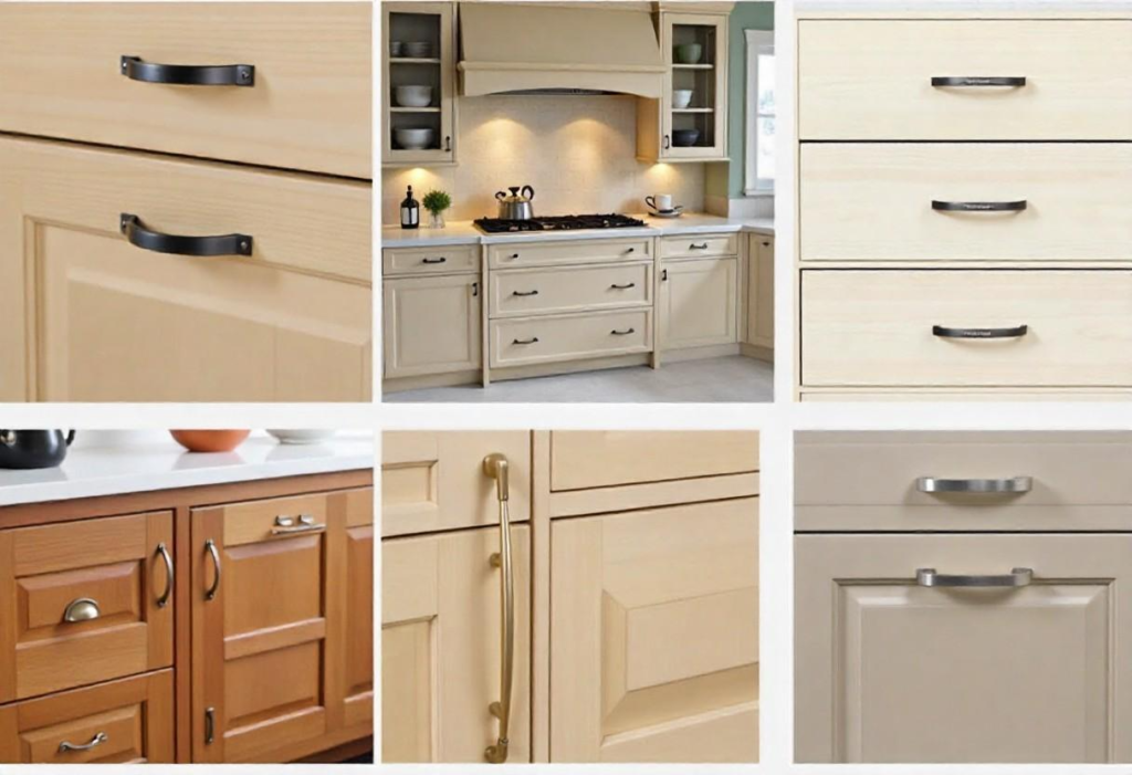 Different modular kitchen handle finishes including stainless steel, brass, and matte black for Indian homes