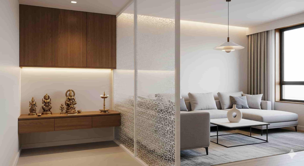 Contemporary pooja room design integrated into modern Indian living room