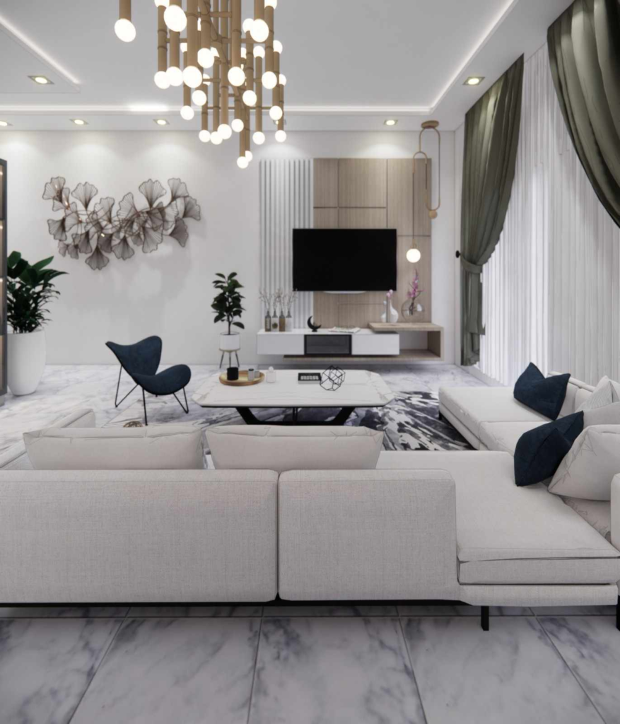 Contemporary apartment living room with sectional sofa, statement lighting, and marble flooring by Elegante Interiors Bangalore