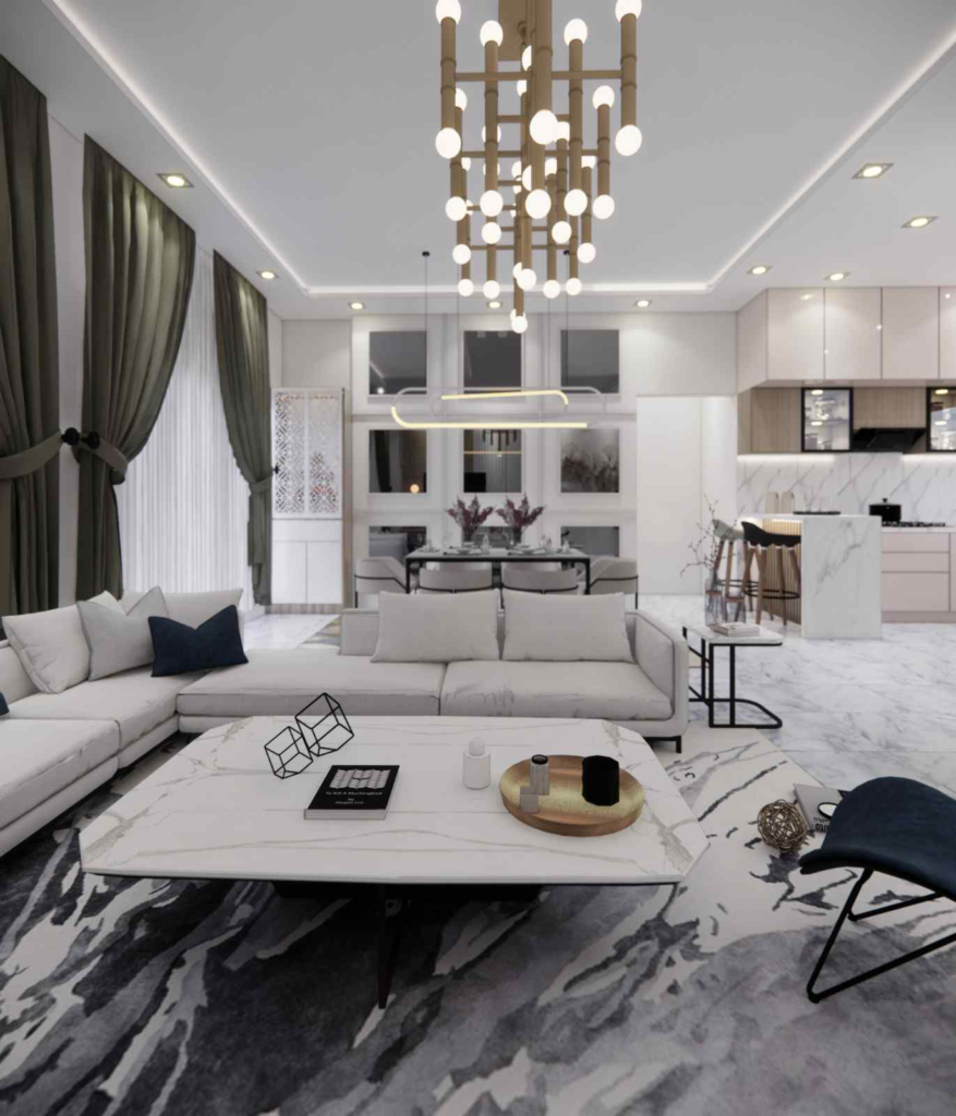 Open-concept living room with sectional sofa, statement chandelier, and dining area integration by Elegante Interiors