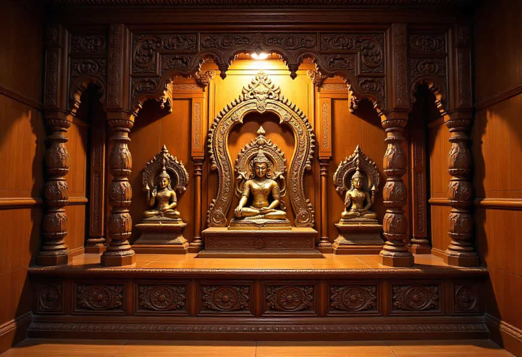 Traditional wooden pooja room design with intricate carvings and brass deity collection