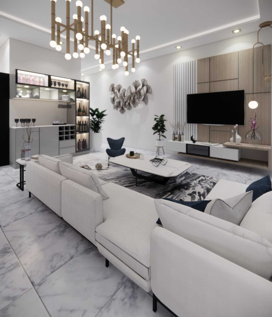 Contemporary apartment living room featuring modern furniture, artistic lighting, and premium materials by Elegante Interiors Bangalore