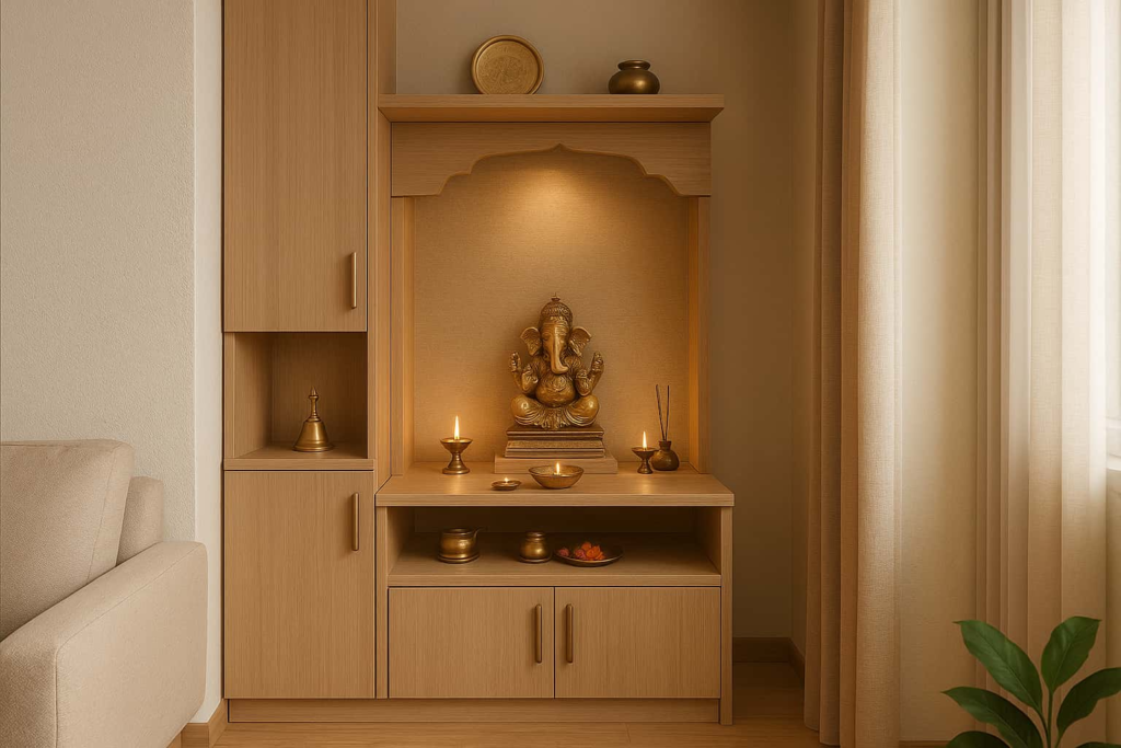 Small pooja room design for apartment corner with space-saving storage solutions